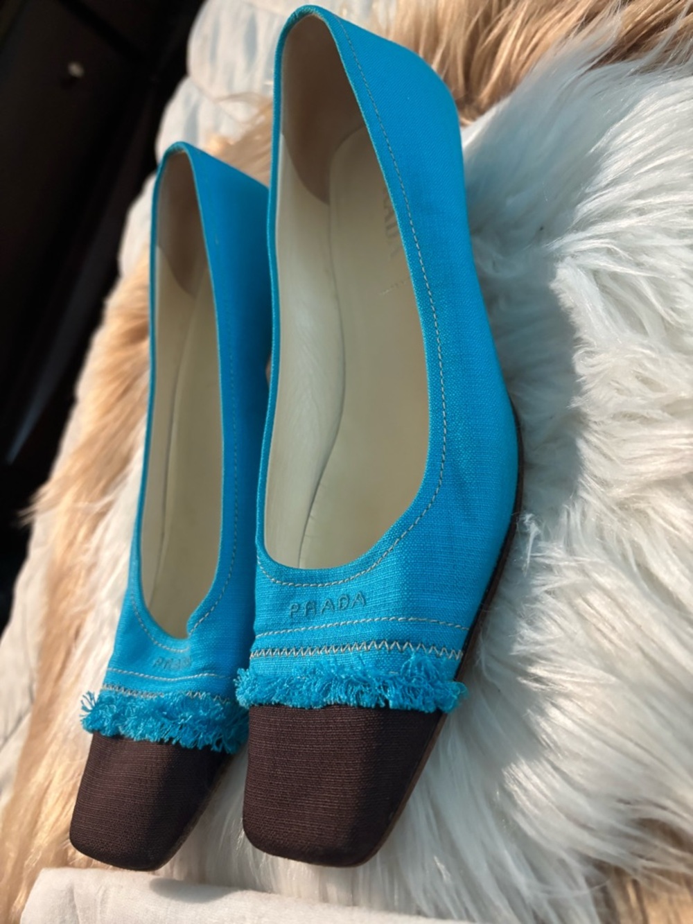 Prada Turquoise Canvas Pumps with Brown Square Toe - Picture 5 of 7